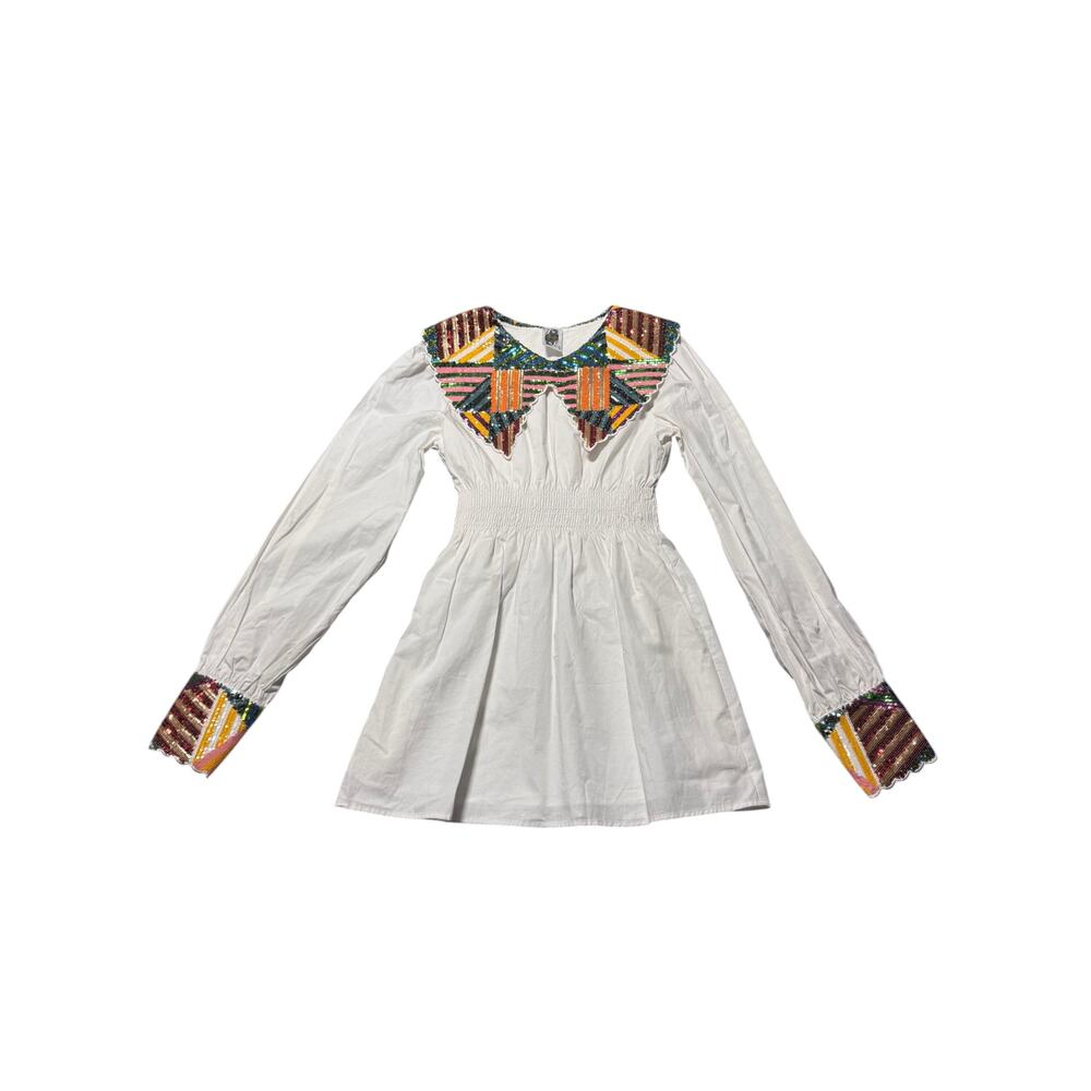 Queen of Sparkles Mini Dress Womens S White Sequin Wide Collar Smocked Waist - Picture 2 of 16
